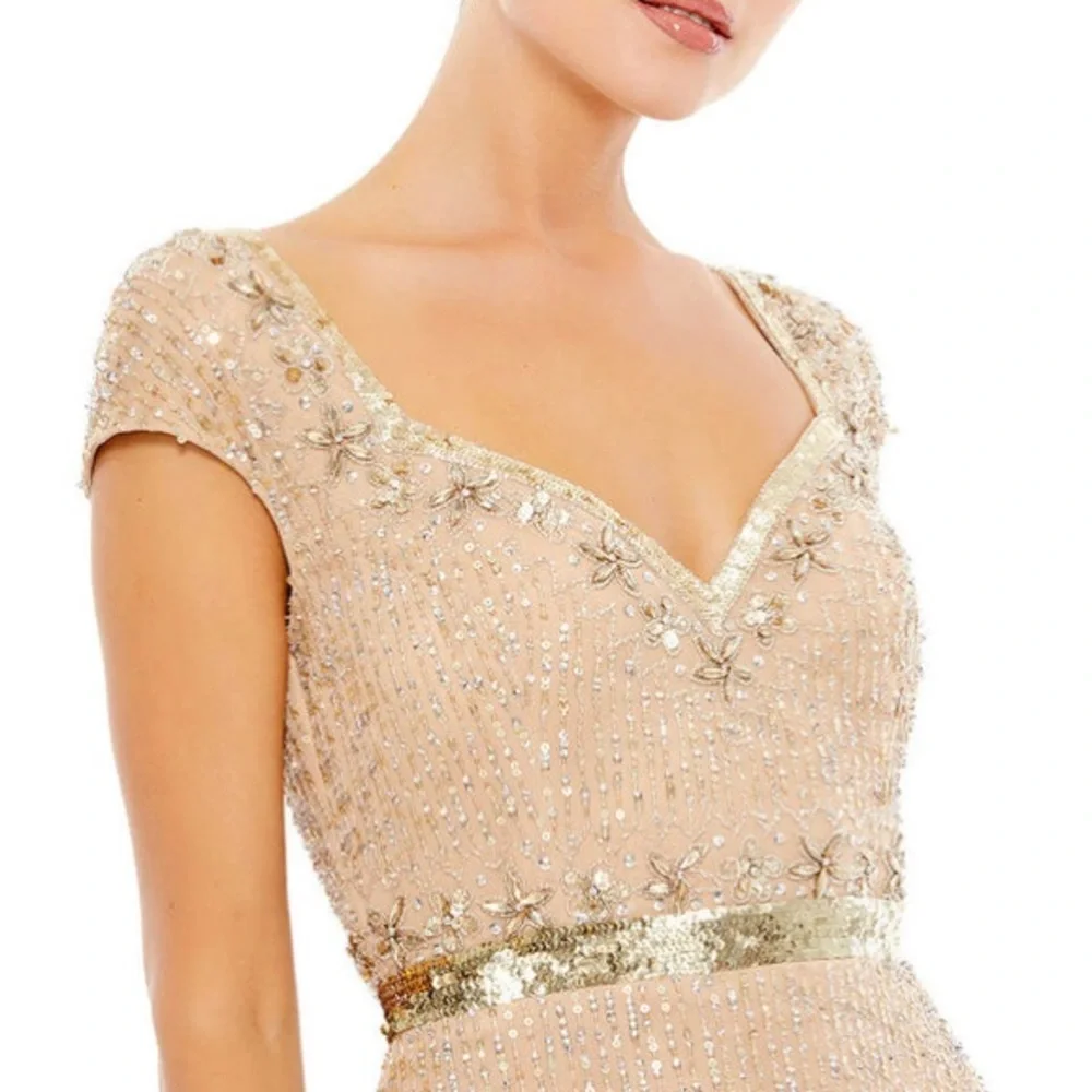Mac Duggal cap sleeve sequin beaded embellished column gown nude 11175_2